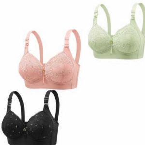 3 Pce China high quality embroidered lace Bra (Black+Rose Gold+Green)